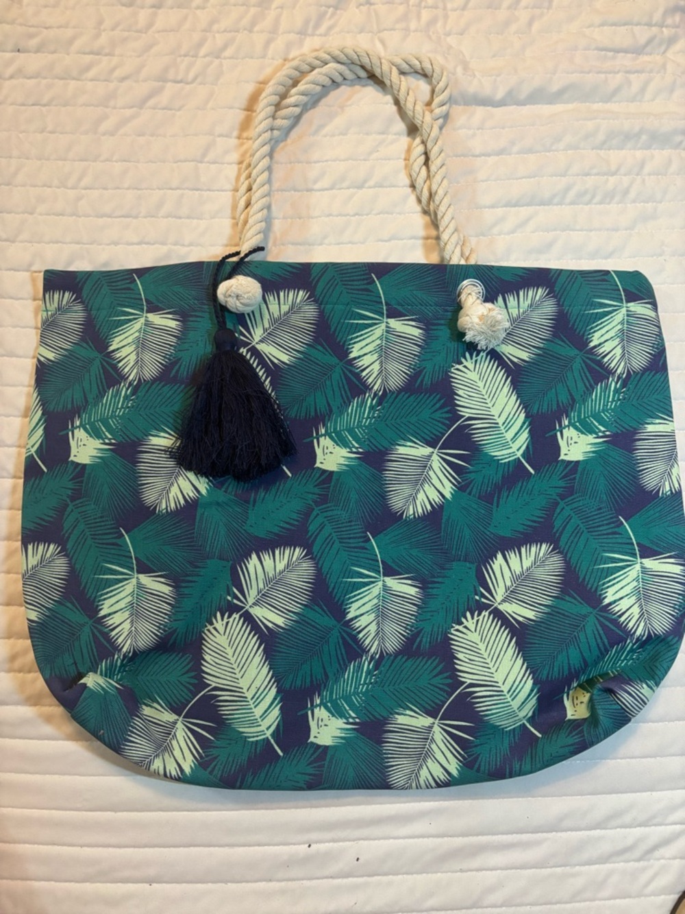 Teal Palm-Print Rope-Handle Tote with Tassel Accent